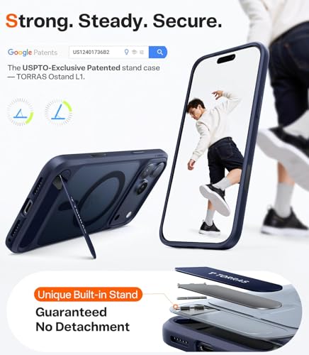 Image of TORRAS Luxury Adjustable Stand Case for iPhone 17 Pro Max | Mil-Grade Protection Cover | Fit for MagSafe | Slim Matte Finish | Camera Control | Premium Imported | Ostand L1 Guardian 6.9'' Deep Blue