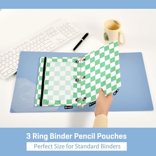 Image of Green-White Lattice Pencil Pouch for 3 Ring Binder with Zipper 2 Pack Binder Pouches Cosmetic Bag with Clear Window