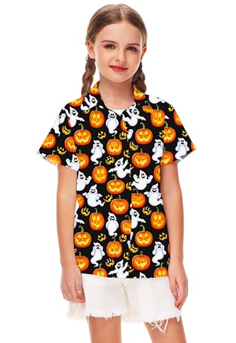 Image of Remimi Unisex Kids Halloween Shirt Boys Pumpkin Ghost Shirts Hawaii Button Up Tops 5-14 Years