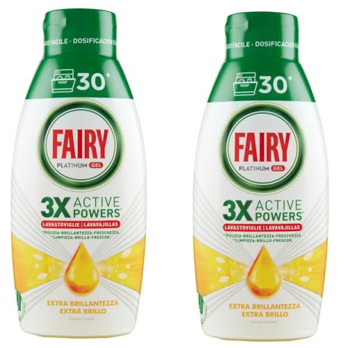 Fairy Lessive Lave-vaisselle Gel Liquide, 60 lavages, Lot de 2 bouteilles, Platinum Citron, donne Extra Brillance au Lave-vaisselle, Combine Nettoyage Brillant et...