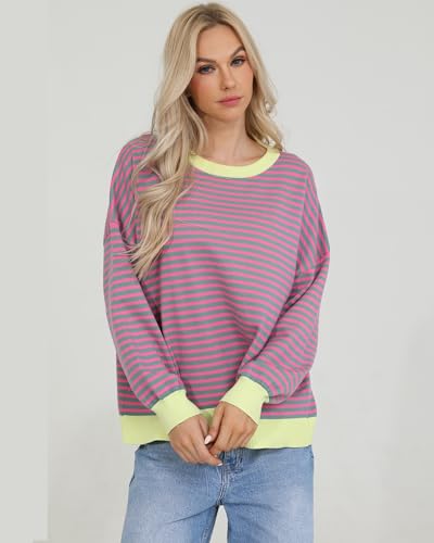 Image of Totatuit Womens Oversized Sweaters Casual Long Sleeve Crewneck Striped Knit Pullover Tops Cute 2025 Fall Sweaters