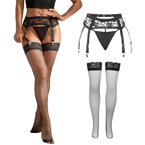 Image of Women Floral Lace Garter Belt Plus Size Mesh Suspender Belt Set with 4 Straps Metal Clip for Thigh Highs
