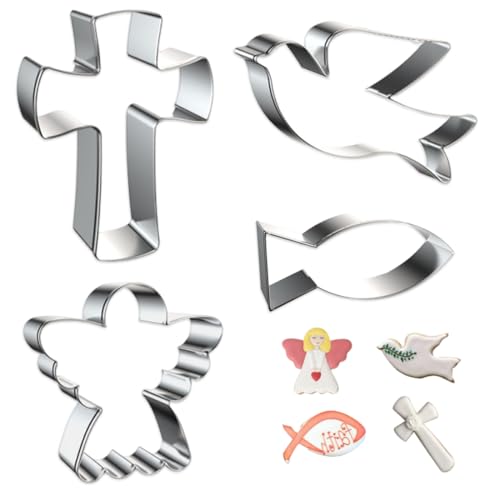 ZORVYN Conjunto de 4 cortadores de bolachas, forma de peixe, cruz, pomba e anjo, ideal para comunhões, Natal e outras celebrações especiais