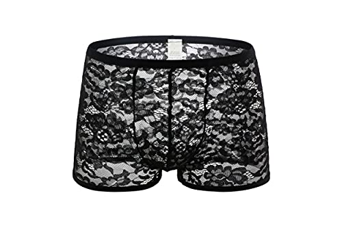 Swbreety Men's Floral Lace Boxer Panties Sexy Low Rise Briefs Underwear Tunks Underpants Black