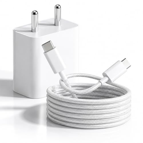 Image of 20W Type C Fast Charger PD USB C Wall Adapter with Type C Braided Cable Compatible for iPhone 15 /15 Plus /15 Pro /15 Pro Max /Samsung /Nothing & Other Devices (White)