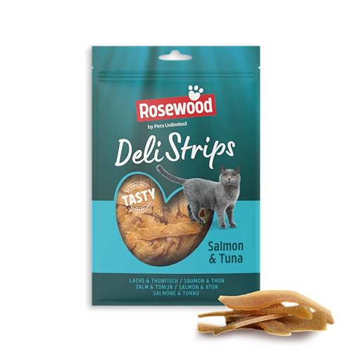 Rosewood Deli Strips Lachs & Thunfisch Weicher und zarter Katzensnack mit Lachs und Thunfisch fettarme Leckerlis ohne Zusatz von Salz oder Zucker ohne künstliche Zusatzstoffe 40 g