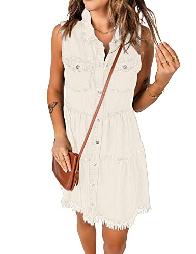 Image of luvamia Women's Casual Summer Lapel Sleeveless Button Down Short Denim Jean Dress
