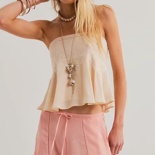 Women Chiffon Lace Tube Top Y2k Strapless Shirt Floral Embroidery Cute Summer Flowy Going Out Tops4