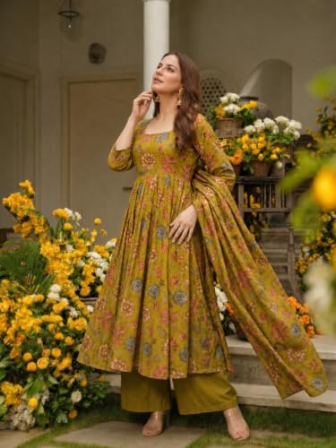 Image of ANNI Designer Kurta Set for Women Viscose Blend Printed | Kurti Set for Woman | Umbrella Kurta Palazzo Dupatta 3 Piece Outfit | Square Neck 3 /4 Sleeve Regular Fit Ethnic Dress Stylish Clothing