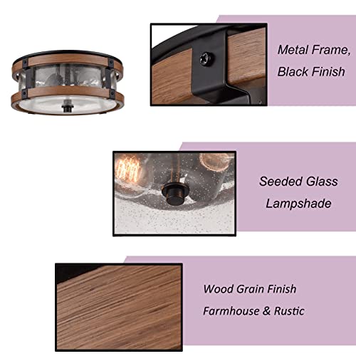 Deynite Farmhouse Ceiling Light Fixture 2-Light Hallway Ceiling Light In Black & Rustic Wood Grain Finish With Clear Seeded Glass Shade #TOP2