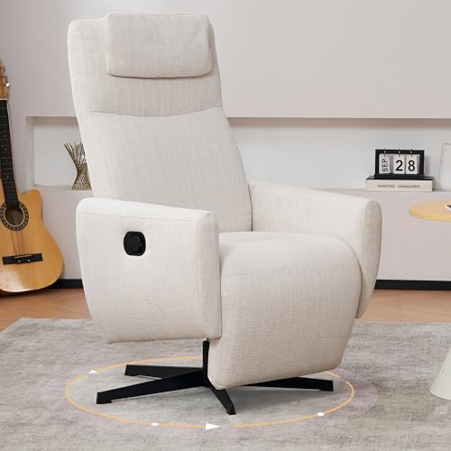 Sillón reclinable giratorio de 360° impermeable con reposacabezas y reposapiés ajustables, tela de chenilla suave, color beige, perfecto para comodidad de sala de estar, reclinable de 100° a 160°