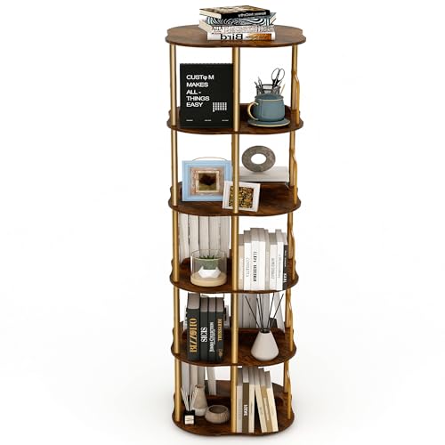 Image of Aopark 5-Tier Rotating Bookshelf, 360 ° Display Stackable Spinning Bookshelf Tower, Narrow Space Saving Tall Floor Standing Swivel Bookcase Corner Organizer for Bedroom, Living Room, Gold