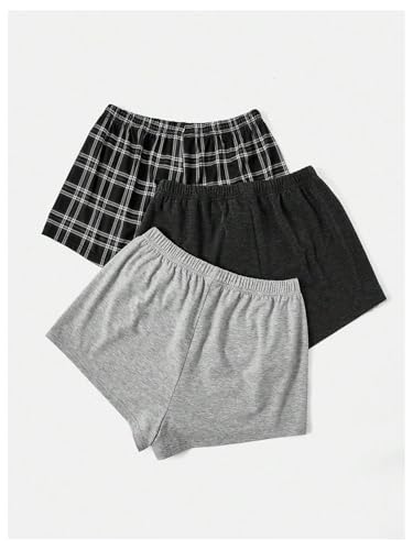 Image of WDIRARA Women's 3 Pack Plaid Letter Graphic Pajama Shorts Elastic Waist Pj Lounge Shorts