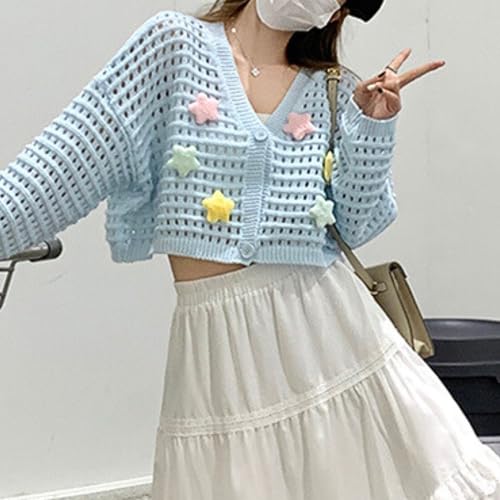 FindThy Women’s Crop Cardigan Sweater Cute V-Neck 3D Star Long Sleeve Hollow Out Button Up Knit Outerwear Tops4