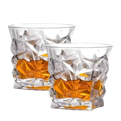 Image of Diamond Crystal Scotch Bourbon Whiskey Glasses, Old Fashioned Glasses Drinking Set, Whiskey Tumblers, Premium Bar Glassware Set of 2 Lead Free Neat Glass Heavy Bottom Drinking Glass