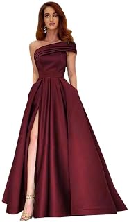 Everlong One Shoulder Prom Dress Long Bridesmaid Dresses with Pockets Ruched Satin Evening Formal Gowns with Slit EL013