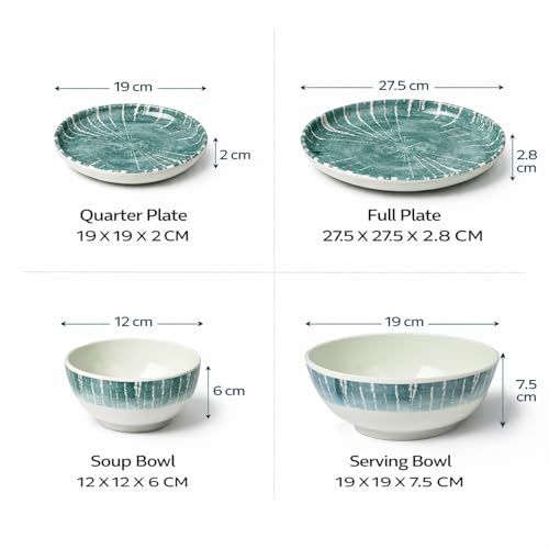 Image of MARKET 99 Dreams Blue Melamine 14 Piece Dinner Set, Round Glossy Vertical Stripe Design with 4 Full Plates, 4 Quarter Plates, 4 Soup Bowls & 2 Serving Bowls, Food Safe Dinnerware