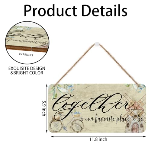 Image of Rustic Windmill & Bicycle Wooden Wall Sign for Home Entryway Farmhouse, Family Art Decor Hanging Sign Motivational Home Wood Plaque Signs, Together is Our Favorite Place to Be Wall Art Decor