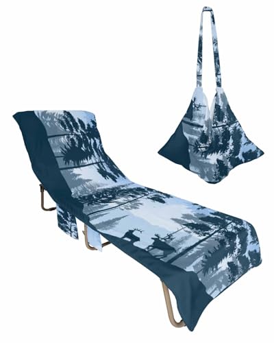 Forest Animal Elk Beach Chair Towel Covers for Chaise Lounge with Side Pocket, Soft Plush Pool Towels Cover for Patio Sunbathing Outdoor 29''x85'' Deer Trees Birds Rustic Cabin Lodge Blue