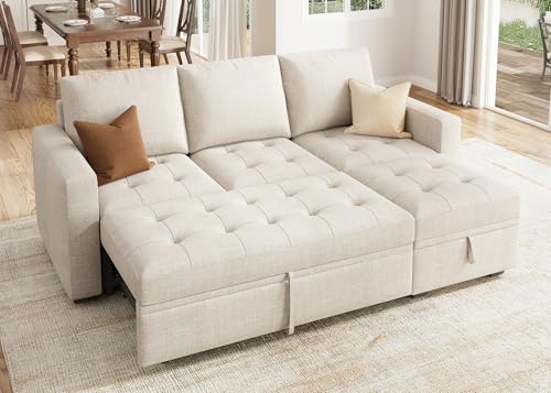 Image of HONBAY Modular Sectional Sleeper Sofa with Pull Out Bed, L Shaped Couch with Storage Seat Sectional Couches for Living Room,Mid Beige