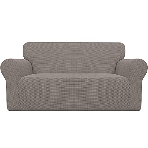 Image of Easy-Going Stretch Oversized Loveseat Slipcover 1-Piece Sofa Cover Furniture Protector Couch Soft with Elastic Bottom for Kids Polyester Spandex Jacquard Fabric Small Checks Taupe