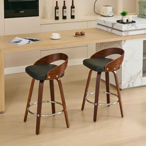 Butaco giratorio de 25 pulgadas con respaldo bajo, set de 2, estilo mid-century moderno, tapizado en cuero sintético negro, patas de madera nogal, para isla de cocina o comedor miniatura 6
