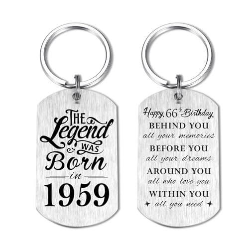 Yobent Cadeau d'anniversaire pour homme 1959, cadeau d'anniversaire de 66 ans pour femme, porte-clés « Happy 66th Bday » pour lui, elle, The Legend was Born in 1959, Argenté., 2*1.1inch