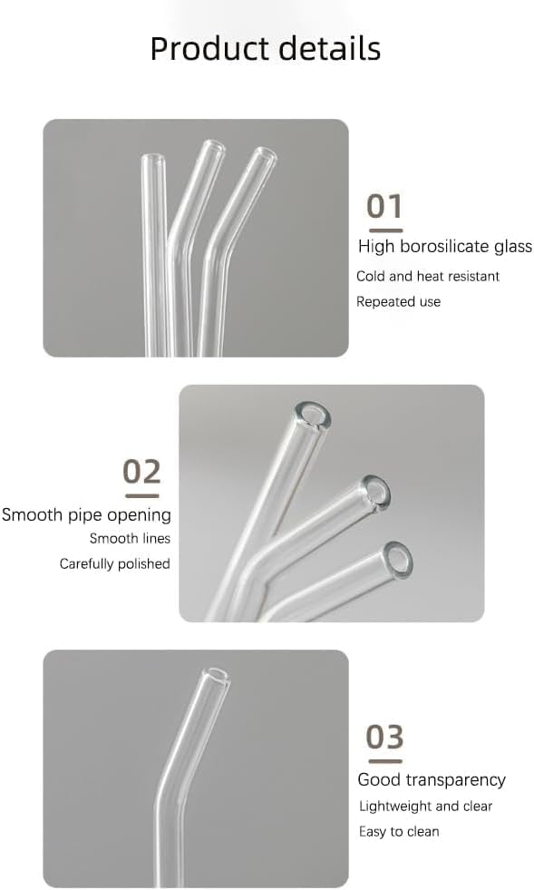 Image of E-COSMOS 5-Piece Reusable Glass Straw Set, 4 Bent Transparent Straws with 1 Cleaning Brush, Elegant Glass Drinking Straws for Hot or Cold Drinks, (4 Bent +1 Brush)
