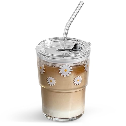 Comparison: Best Iced Coffee Mug 8 Olvini 13oz Glass Tumbler with Straw and Lid, Reusable Iced Coffee Cup Tumbler, Cute Glass Cups for Water, Matcha, Travel Coffee Mugs (Daisy)