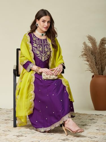 Image of MOKOSH Women's Silk Anarkali Kurta Pant with Dupatta | Anarkali Kurta Set | Round Neck 3 /4 Sleeve | 3 Piece Outfit | Indian Kurta Outfit With Palazzo Pant | Embroidered