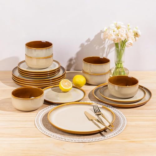Image of LERATIO Ceramic Dinnerware Sets for 12, 36 Pieces Plates and Bowls Sets, Reactive Glaze Dishes -Scratch Resistant, Dishwasher&Microwave Safe&Oven Safe-Kahki
