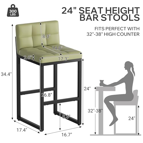 Image of 24 inch Bar Stools Set of 2, Modern Faux Leather Counter Height Bar Stools with Low Back and Footrest, Sturdy Thickened Metal Leg, Upholstered Kitchen Bar Chairs for Island, Green