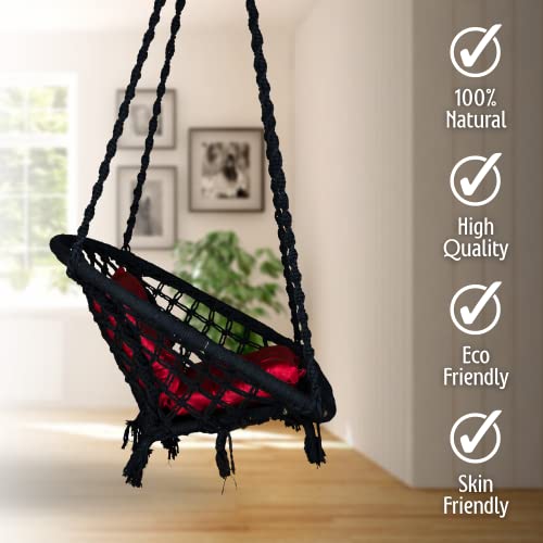 Image of Swingzy Cotton Netted Rope D Shape Hammock Hanging Swing Chair /Jhula for Adults & Kids /Swing with L Shape Red Cushion for Indoor, Outdoor, Garden /Swing Chair with Free Hanging Accessories (Black)