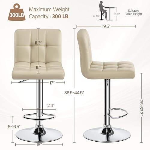 Image of Yaheetech Bar Stools Set of 2, Adjustable PU Leather Swivel Barstools, Modern Counter Stools with Back and Footrest for Bar, Kitchen, Dining Room, Khaki
