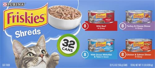 Image of Friskies Purina Gravy Wet Cat Food Variety Pack, Savory Shreds with Beef, Turkey and Cheese Dinner, Chicken & Salmon Dinner, with Ocean Whitefish & Tuna - 5.5 oz. Cans (Pack of 64)