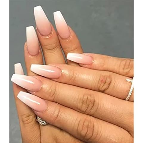 Morily Press on Nails - Pink Ombre Coffin Fake Nails Medium Length, French Tip Glossy False Stick on Fingernails for Women - 24Pcs in 12 Sizes Cover