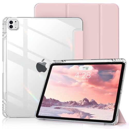 Clear Case for iPad Pro 12.9 inch 6th/5th/4th/3rd Gen with Pencil Holder [Support Pencil Charging] Auto Wake/Sleep Lightweight Shockproof Trifold Stand Transparent Hard PC Back Cover Pink-2