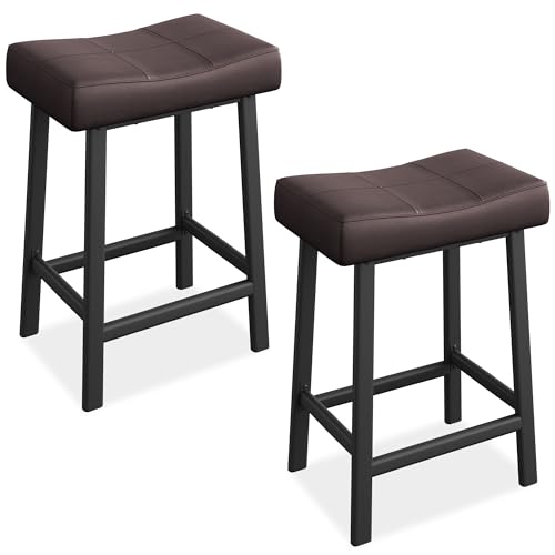 IDEALHOUSE Set de 2 Butacos Elegantes de 24 Pulgadas sin Respaldo, Asiento Curvado Tapizado en PU Leather con Estructura Metálica y Reposapiés para Cocina o Bar en Casa (Marrón) miniatura 1