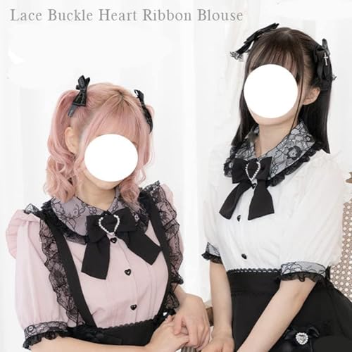 Pokn Lolita Fashion Jirai Kei Fashion Women Lolita Blouse Lace Short Puff Sleeve Shirt Gothic Kawaii Ruffle Top with Bow3