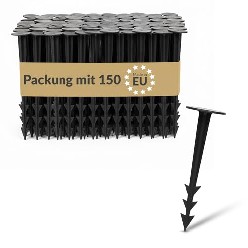 BAKOKI Kunststoff Erdanker Befestigung 150x – Erdnägel UV‑stabil, gerippte Bauweise & Widerhaken, breiter Kopf, ideal für Unkrautvlies, Geotextil, Mulch, Rasen