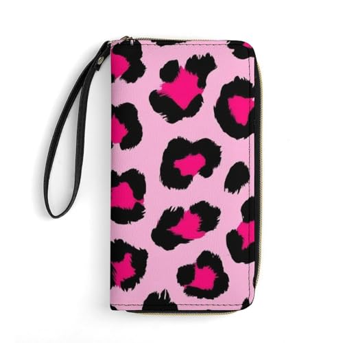 Women's Travel Zipper Purse Fashion Design, Huge Storage Capacity Purse, Cute Decor Wallet, Long PU Wallet With Rope Pink Cheetah Leopard Print