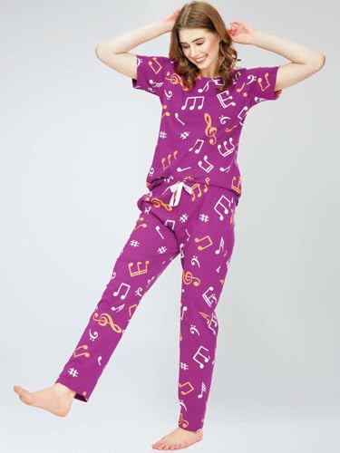Image of VJ Fashion Women's Cotton Lycra Printed & Knitted Round Neck Night Wear Set of Top and Pazama