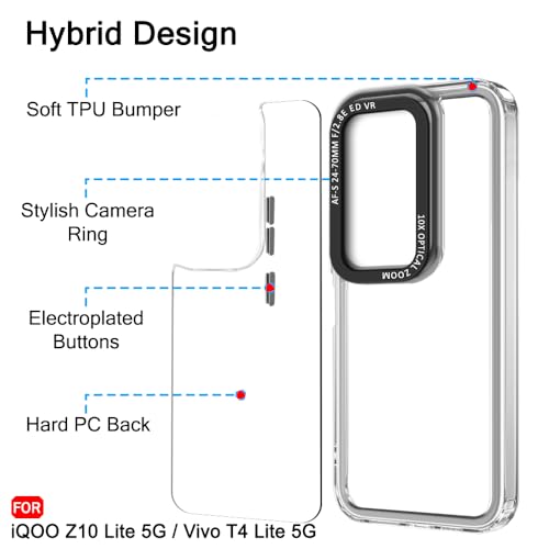 Image of TheGiftKart Hybrid Shockproof Back Cover Case for iQOO Z10 Lite 5G / Vivo T4 Lite 5G | Stylish Camera Border | Electroplated Buttons | Crystal Clear Hard Back Cover Case (TPU & PC, Transparent Bumper)