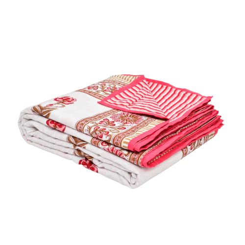 Image of BLOCKS OF INDIA 100% Cotton Dohar King Size Reversible Hand Block Printed Malmal Summer Dohar /Blanket (Pink Peach Flower)