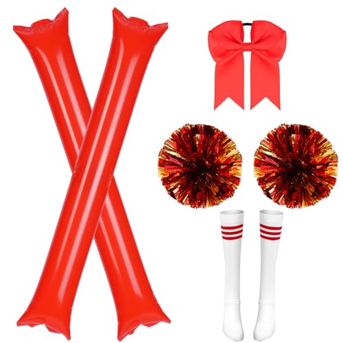 AYBUY Accessoires de Deguisement Pompom Girl,Accessoires de Pom-Pom Girl avec Chaussettes Hautes,Scrunchies à Nœud,Pompons Pailletés,Bâtons Joie,pour Déguisement,Carnaval,Fête,Cosplay, Carnaval,Rouge