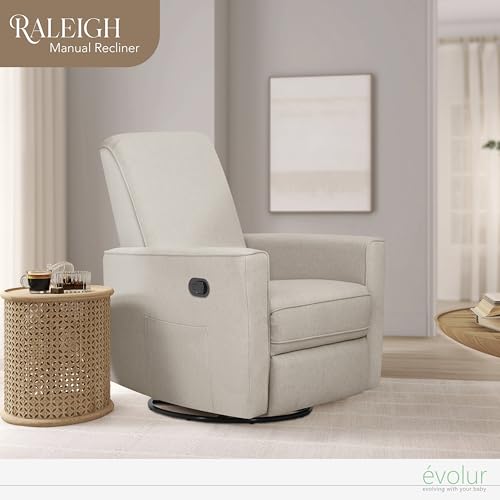 Evolur Raleigh Upholstered Manual Glider Recliner– Rocking & 360° Swivel with Smooth Glide – Greenguard Gold & FSC Certified – Modern Nursery and Living Room Chair in Light Sand