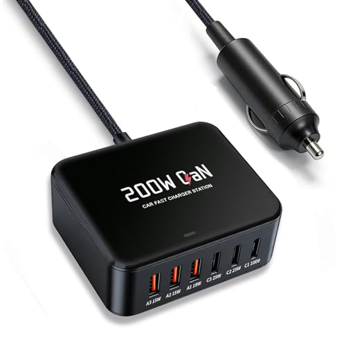 200W USB C Car Charger Fast Charging,6 Ports PD3.0/PPS Super Fast Charging for iPhone 17/16/15 Series, Samsung S25 Ultra / S24 Series,PD 100W Type C Car Charger for MacBook Pro/Air, Dell/Lenovo Laptop