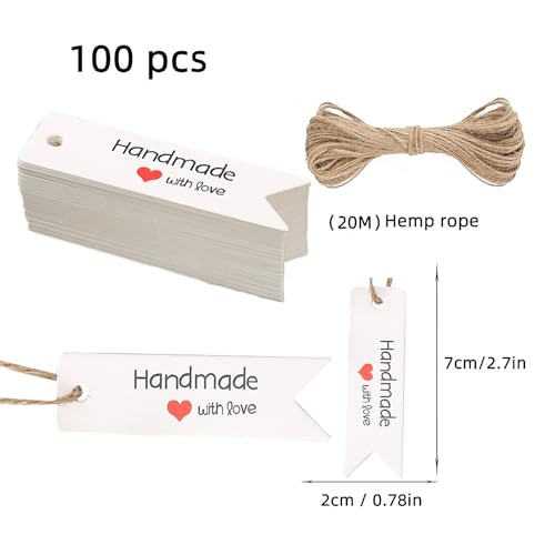 100 Stück Geschenkanhänger Handmade with Love Anhänger Kraftpapier, Handmade Label mit Jutekordel 20 Meter, Dekorative Hängeetiketten für Weihnachten Hochzeit Geburtstag Ostern Valentinsta Geschenke
