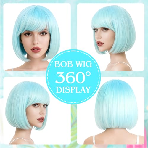 Image of PLULON Blue Ombre Bob Wig with Heart Sunglasses and Hair Cap for Women Men, Colorful Short Funny Bob Wigs with Bangs Colored Cosplay Hairpieces for Halloween Costume Neon Bachelorette Party