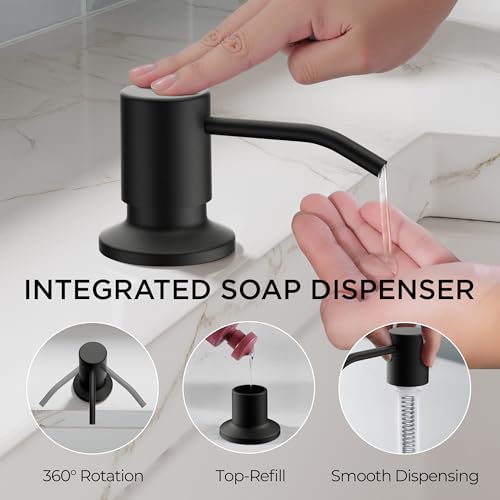 Image of FORIOUS Black Kitchen Faucet with Pull Down Sprayer, Modern Single Hole Kitchen Sink Faucet with Soap Dispenser, Deck Plate, Single Handle, High Arc Stainless Steel for RV Farmhouse Laundry Outdoor